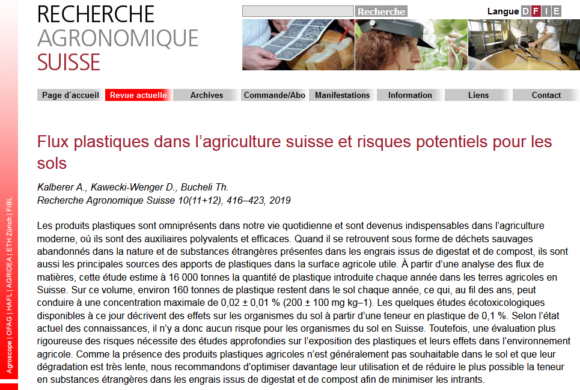 (Français) Flux plastiques dans l’agriculture suisse et risques potentiels pour les sols